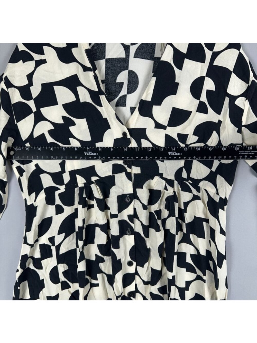 Zara Dress Size XS Black White Abstract Print V-Neck Button-Down 3/4 Sleeves - Picture 9 of 12